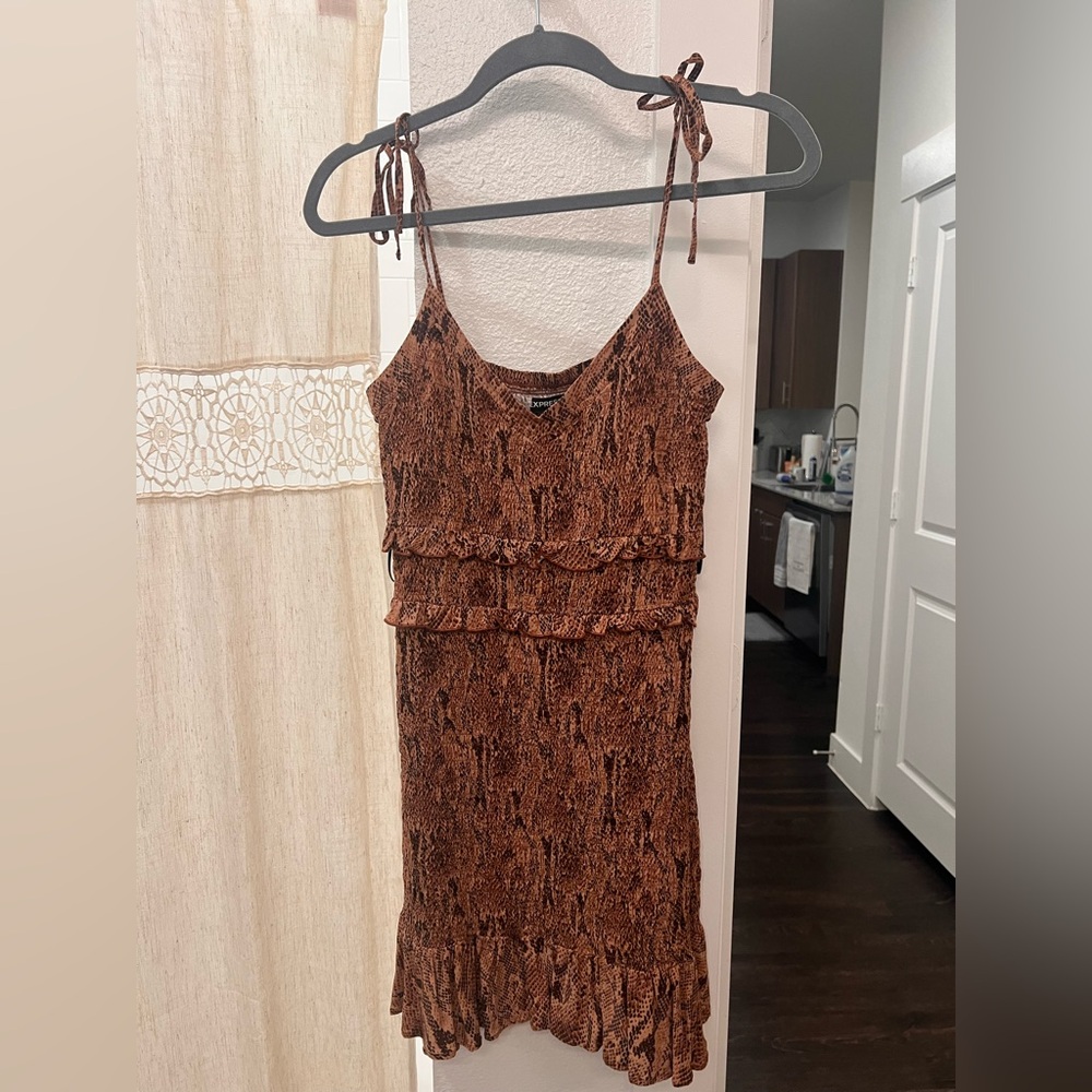 Brown Snake Print Dress with Ruffle Details